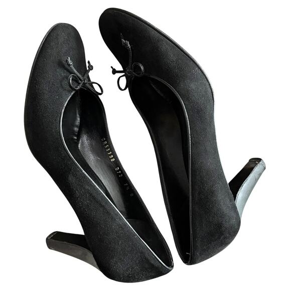 Salvatore Ferragamo black suede pumps heels patent bow detail women's 7.5 B - Picture 1 of 10